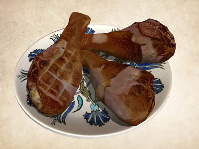 Roasted Chicken Legs On Floral Pattern Plate With Juicy Golden Brown Texture 3d model