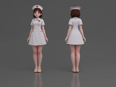 Woman in White Nurse Uniform With Red Cross Standing Front and Back View 3d model