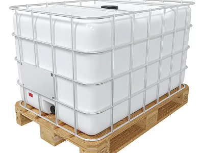 White IBC Container with Metal Frame Structure Placed on Wooden Pallet 3d model
