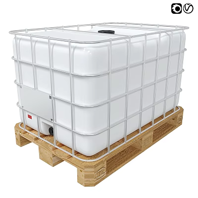 White IBC Container with Metal Frame Structure Placed on Wooden Pallet 3d model