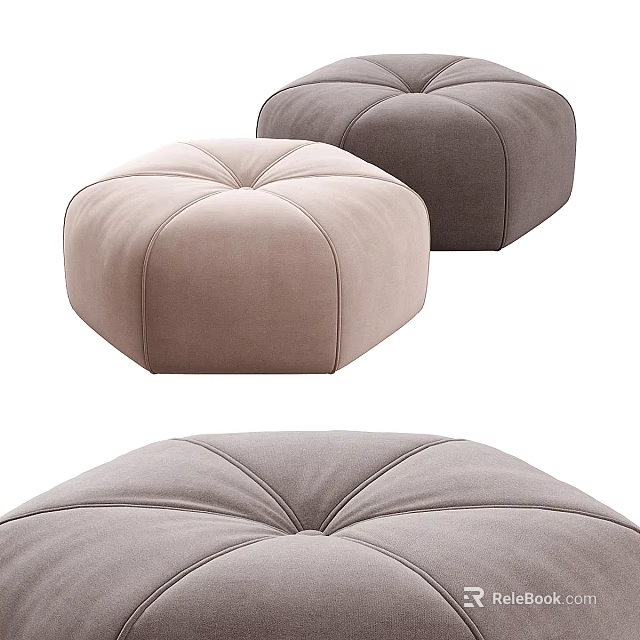 Light Brown And Dark Gray Round Upholstered Ottoman With Stitched Design 3d model 