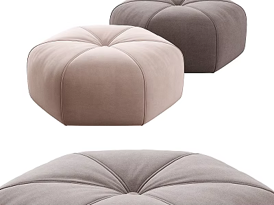 Light Brown And Dark Gray Round Upholstered Ottoman With Stitched Design 3d model