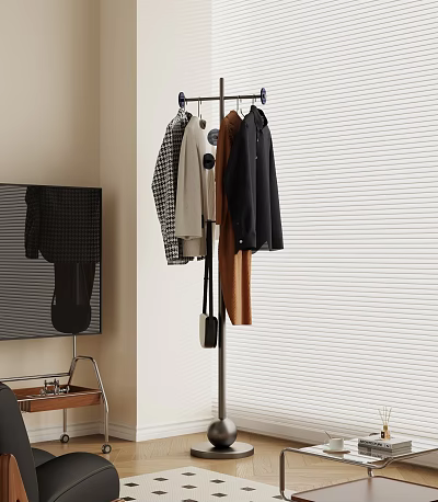 Indoor Clothing Rack With Hanging Clothes Next To Window Blinds 3d model