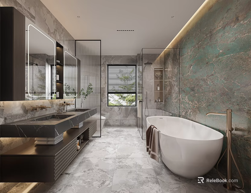 Luxury Modern Marble Bathroom Interior With Freestanding Tub Double Sink Vanity And Glass Shower Space 3d model 