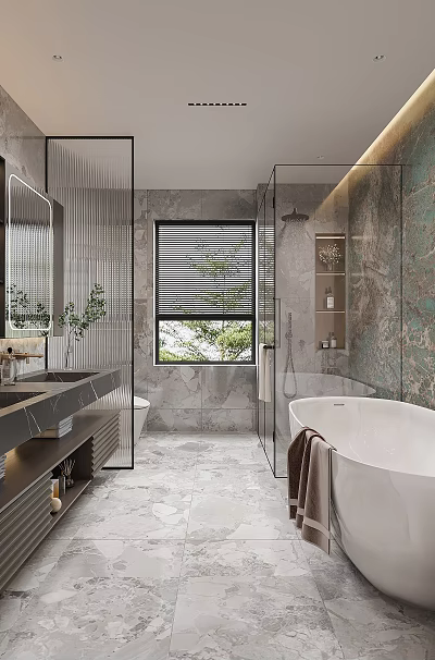 Luxury Modern Marble Bathroom Interior With Freestanding Tub Double Sink Vanity And Glass Shower Space 3d model