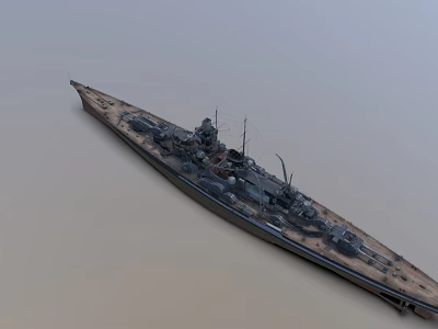 Vintage Battleship Warship With Detailed Deck Turret Guns And Side View 3d model