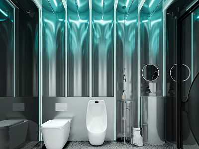 Modern Public Restroom With Blue Lighting White Fixtures And Round Mirrors 3d model