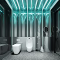 Modern Public Restroom With Blue Lighting White Fixtures And Round Mirrors