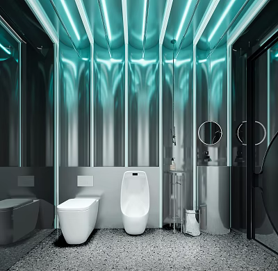 Modern Public Restroom With Blue Lighting White Fixtures And Round Mirrors 3d model