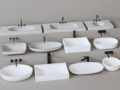 White Countertop Washbasins In Various Shapes With Faucets And Marble Countertops 3d model