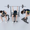 Men Doing Different Fitness Exercises With Dumbbells Barbell And Weight Bench