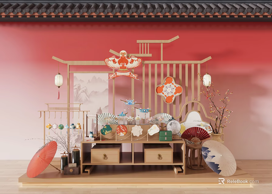 Traditional Chinese Art Installation With Red Background Wooden Structure And Kite Lantern Fan Decorations 3d model 