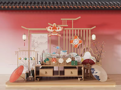 Traditional Chinese Art Installation With Red Background Wooden Structure And Kite Lantern Fan Decorations 3d model