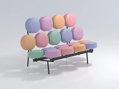 Colorful Multi Seater Sofa With Round Pastel Cushions And Modern Black Frame 3d model