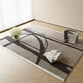 Square Rug with Geometric Pattern on Wooden Floor and Vase with Magazines