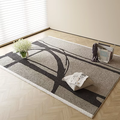 Square Rug with Geometric Pattern on Wooden Floor and Vase with Magazines 3d model
