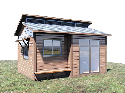 Brown Wooden Cabin Featuring Glass Door Window Bench And Grass Surroundings 3d model