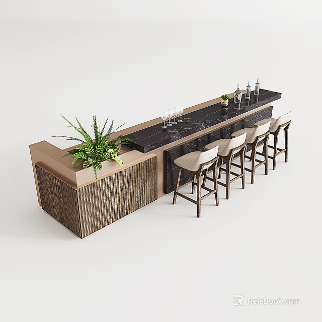 Modern Bar Counter Interior With Black Countertop Green Plant Light Bar Stools And Wine Glasses 3d model 