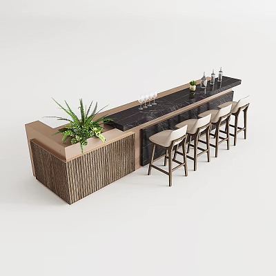 Modern Bar Counter Interior With Black Countertop Green Plant Light Bar Stools And Wine Glasses 3d model