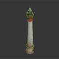 Classic Lighthouse Architecture With White Tower Red Stripe Green Lantern And Stone Base 3d model