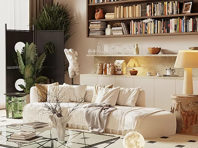 Modern Living Room Interior With White Sofa Pillows Green Plants Bookshelf And Floor Lamp 3d model