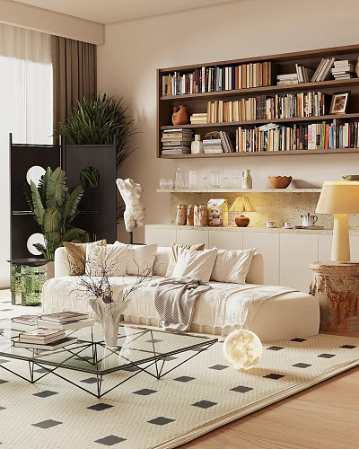 Modern Living Room Interior With White Sofa Pillows Green Plants Bookshelf And Floor Lamp 3d model
