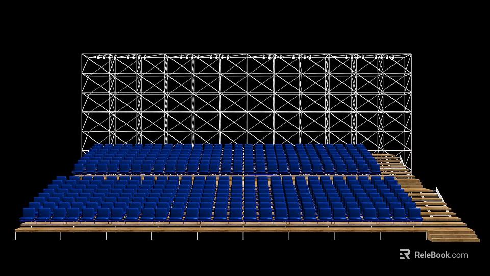 Neatly Arranged Blue Public Chairs With Multiple Tiers Supported By Metal Frame In Stadium Venue 3d model 