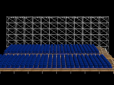 Neatly Arranged Blue Public Chairs With Multiple Tiers Supported By Metal Frame In Stadium Venue 3d model