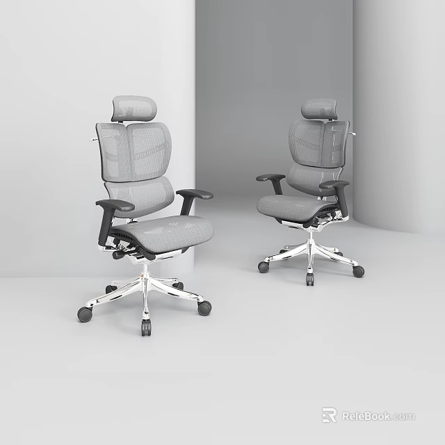 Two Gray Office Chairs with High Back Armrests and Adjustable Wheels in Minimalist Setting 3d model 