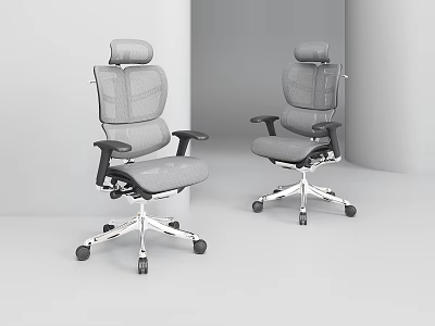 Two Gray Office Chairs with High Back Armrests and Adjustable Wheels in Minimalist Setting 3d model