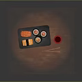 Fresh Salmon And Tuna Sushi On Black Stone Plate With Chopsticks And Red Sauce