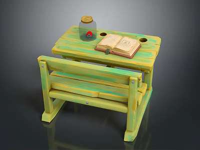 Wooden Green Yellow Kids Table with Bench Open Book and Glass Jar 3d model