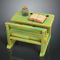 Wooden Green Yellow Kids Table with Bench Open Book and Glass Jar