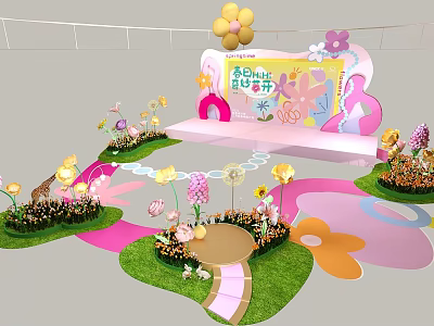 Floral Installation Decor With Colorful Flower Stage And Lawn Pathway Design 3d model