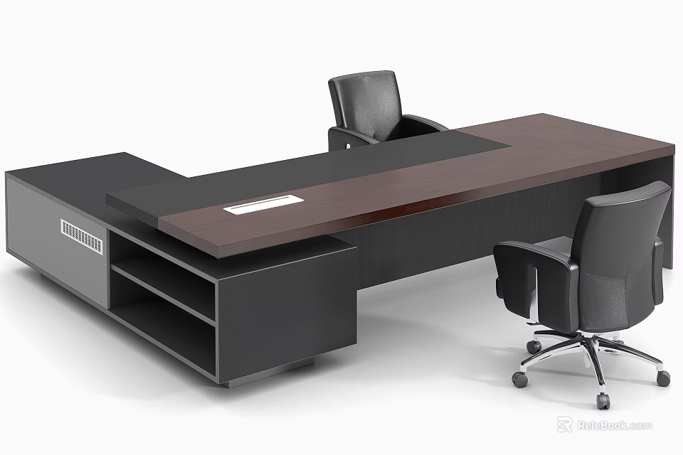 Stylish Office Desk Featuring Brown Wooden Top Black Frame And Executive Chairs 3d model 