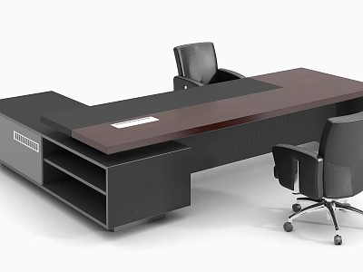Stylish Office Desk Featuring Brown Wooden Top Black Frame And Executive Chairs 3d model