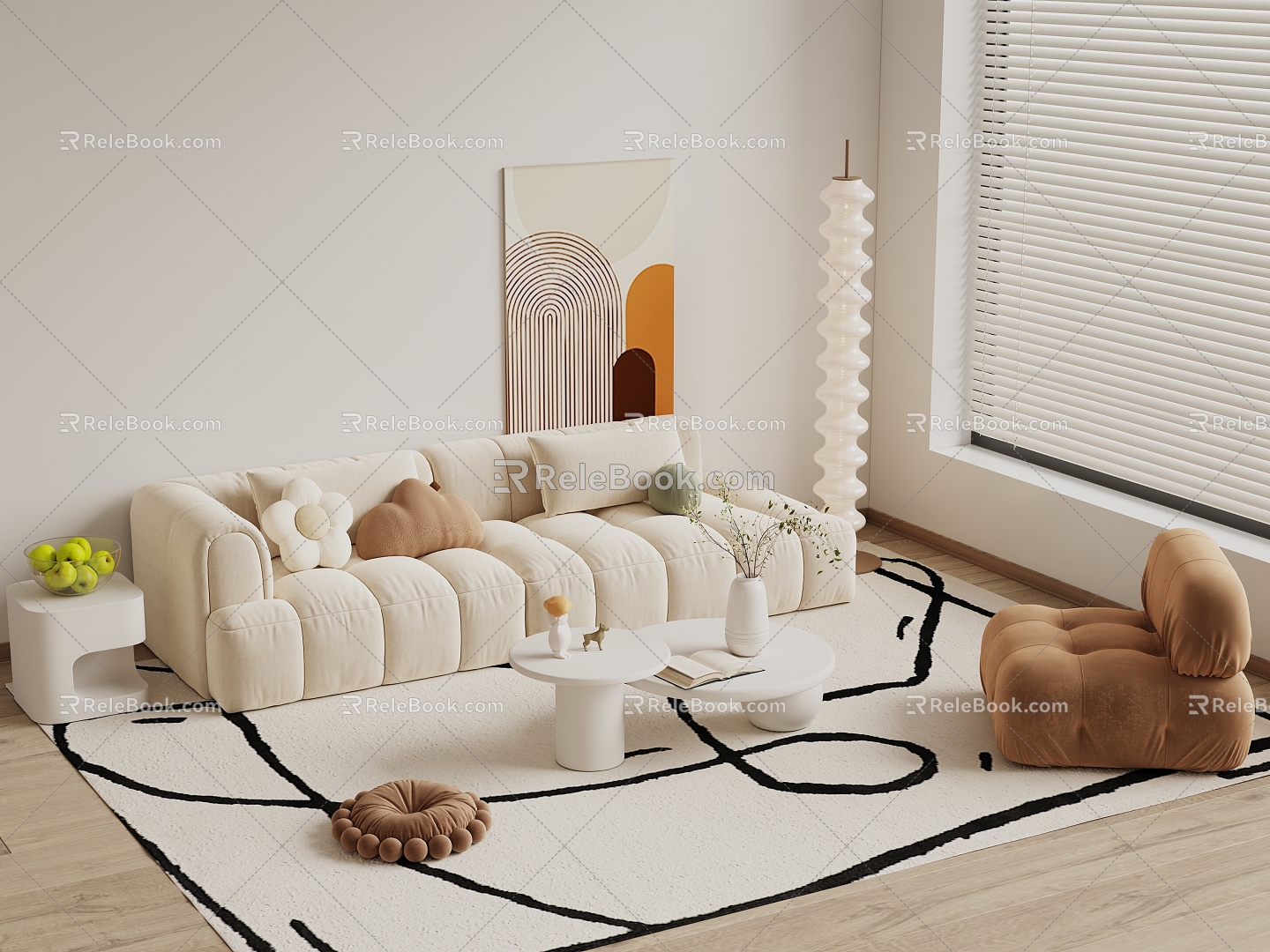 Cream Style Sofa Coffee Table Combination Cream Style Living Room Cream Style Coffee Table Coffee Table Floor Lamp Decoration Hanging Picture Carpet Side Table Sofa 3d model