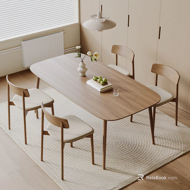 Modern Wooden Dining Table and Chairs Set in Minimalist Interior with Vase Fruits and Books 3d model 