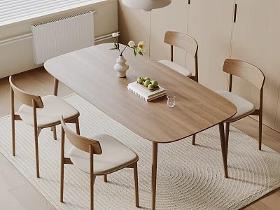 Modern Wooden Dining Table and Chairs Set in Minimalist Interior with Vase Fruits and Books 3d model
