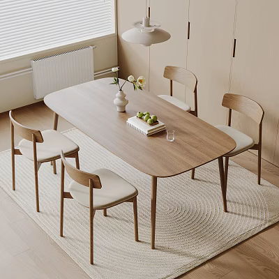 Modern Wooden Dining Table and Chairs Set in Minimalist Interior with Vase Fruits and Books 3d model