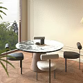 Minimalist Round Marble Table And Chairs Set With Floor Lamp Wooden Floor Green Plants View