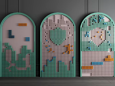 Three Colorful Building Blocks Arched Walls With Creative Collage Patterns 3d model