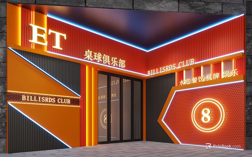 Billiards Club Exterior With ET Sign Neon Lights Glass Doors And Number 8 Sign 3d model 