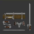 Vintage Weapon Display Featuring Sword With Metal Hilt Leather Sheath And Decorative Accessories