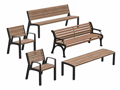 Modern Wooden Outdoor Chairs and Benches with Black Metal Frame for Garden Patio Use 3d model
