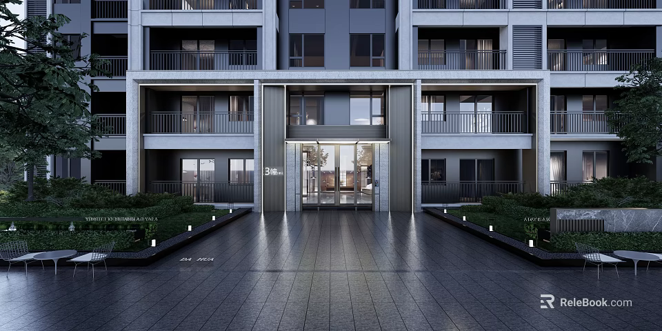 Modern Residential Building Entrance Gate With Glass Doors Paved Walkway And Greenery 3d model 