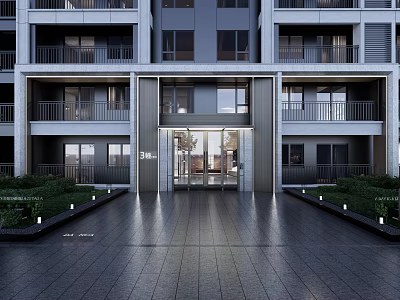 Modern Residential Building Entrance Gate With Glass Doors Paved Walkway And Greenery 3d model