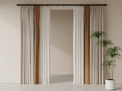 Modern Minimalist Curtains in White and Beige with Rod and Potted Plant at Room Entrance 3d model