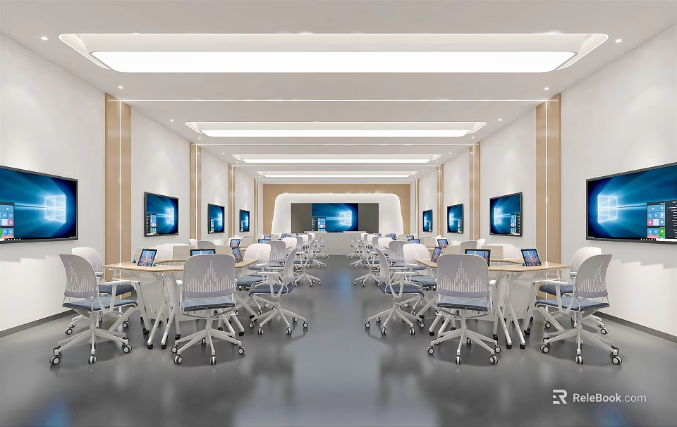 School Modern Interactive Classroom with Laptops Desks and Chairs Wall Monitors Spacious Bright Learning Space 3d model 