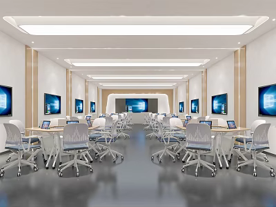 School Modern Interactive Classroom with Laptops Desks and Chairs Wall Monitors Spacious Bright Learning Space 3d model
